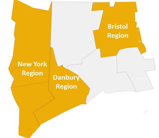 Map Showing NY, Danbury Connecticut and Bristol Connecticut Regions in Orange Color|Map of New York, Danbury and Bristol Region showing that they are in the Level 2 - Expanded Restrictions Zone|Restrictions Guide by Level. Current level restrictions are stated in the article above.|Precautions for visits out with family, or to family homes. These precautions are also stated in the above article